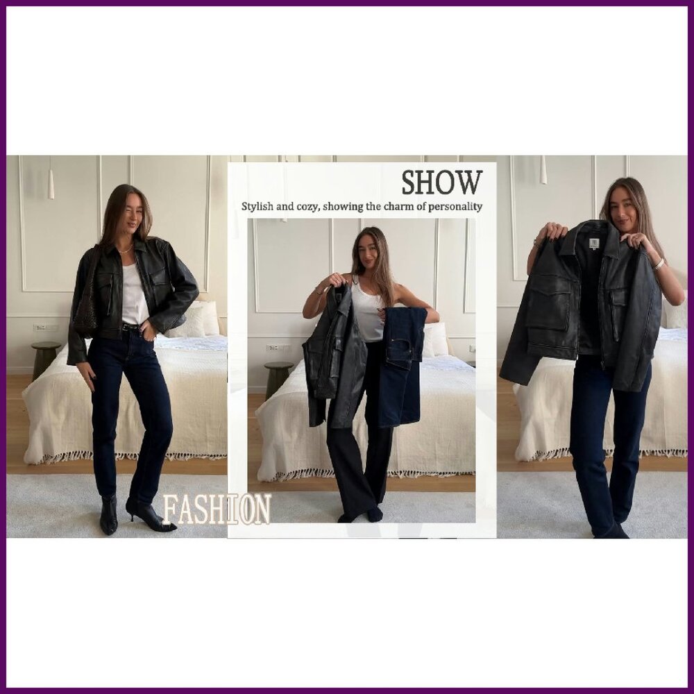 Faux Leather Motorcycle Jacket Bomber Style Cropped Zip Up - Picture 7 of 8